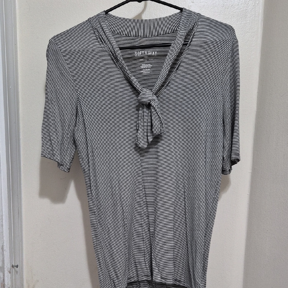 American Eagle Outfitters Black & White Striped Tie-Neck Short Sleeve Top